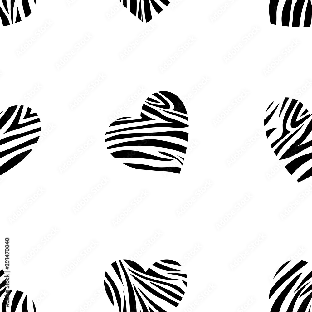 Seamless pattern of heart shape with animal skin in black and white, Zebra skin, Wild animals print in for textile or wall paper Seamless pattern of heart shape with animal skin in black and white, Zebra skin, Wild animals print in for textile or wall paper