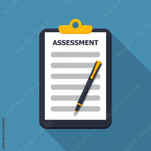 Assessment document in clipboard with pen in a flat design with long shadow © stas111