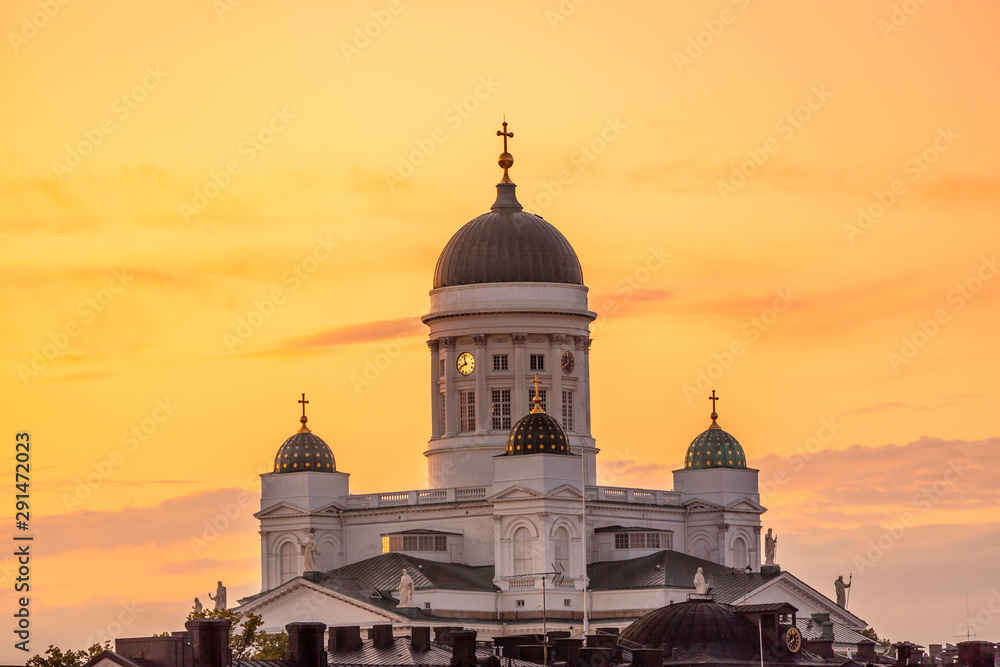 Ariel panoramic view of Helsinki at sunset with a Cathedral church , Finland
