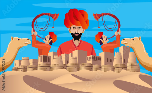 rajasthan fort with cultural man and camel collage design