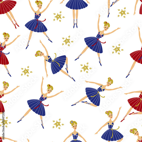 Beautiful ballerinas seamless pattern. Illustration of colorful ballet dancers