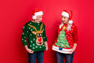 Photo of two astonished excited people grey white haired husband wife showing funny cartoon pictures on reindeer evergreen tree on jumpers isolated bright color background