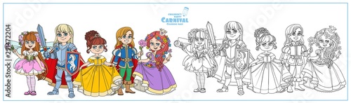 Children in carnival costumes of the fairy,prince, princess and knight color and outlined for coloring page