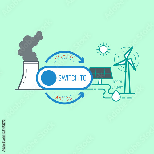 Switch button as a gimmick representing action of turning to green energy, helping to reduce climate change. Vector illustration outline flat design style.