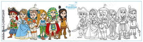 Children in carnival costumes of the pirate, princess, astronaut, mermaid, pharaoh, native american color and outlined for coloring page