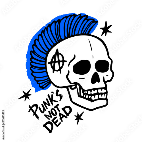 Punk rock music. Punks not dead words and mohawk skull. vector illustration on white background.