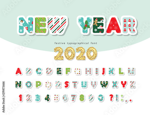 Christmas paper cut out decorative font. New year 2020. All patterns are full under clipping mask. Vector