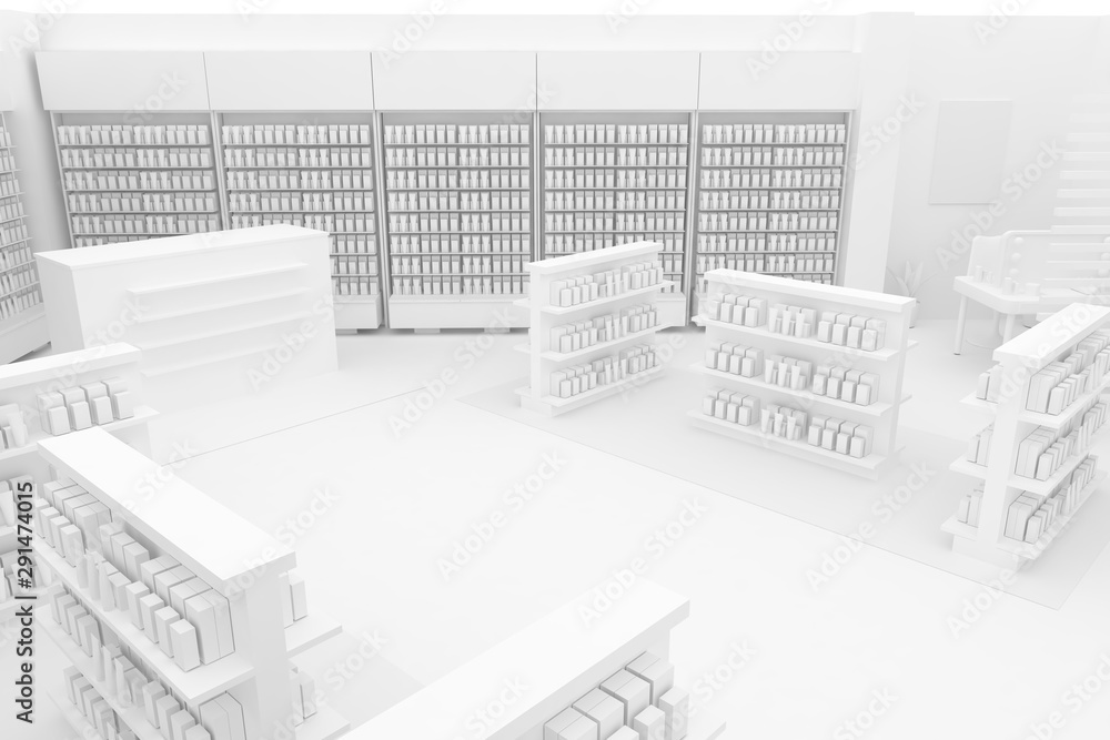3D Illustration Rendering. Clean Pharmacy views on white backgorund for presentation and mockup blueprints. Architectural visualization of Modern interior design store.. Top View 02