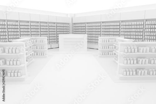 3D Illustration Rendering. Clean Pharmacy views on white backgorund for presentation and mockup blueprints. Architectural visualization of Modern interior design store. Entrance view close up