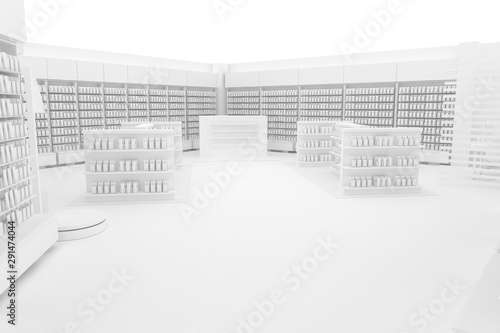 3D Illustration Rendering. Clean Pharmacy views on white backgorund for presentation and mockup blueprints. Architectural visualization of Modern interior design store.. Entrance view