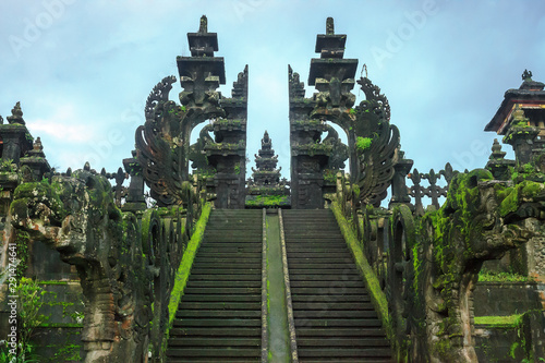 Stairs to Pura Agung Besakih temple by blue sky on Bali  Indonesia