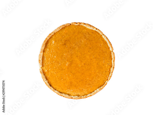 American pumpkin pie homemade isolated on white background top view. Cream orange dessert