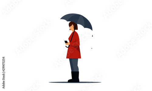 Girl under rain vector illustration. Flat female character - young woman wearing red raincoat and rubber boots, holding umbrella and cell phone, standing under rain. Autumn, fall, season concept.