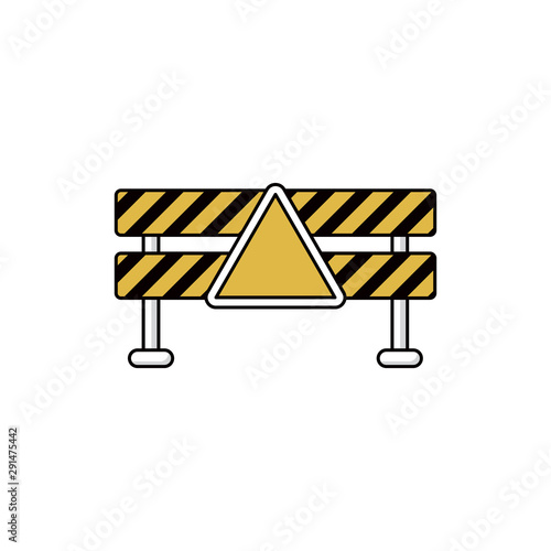 Under construction barrier, warning sign and traffic cone.
