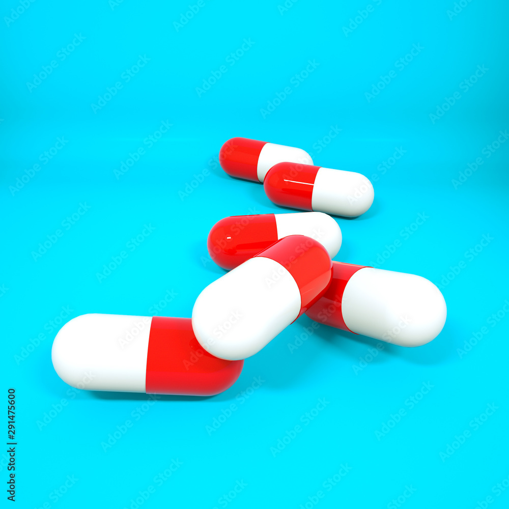three-dimensional red-white tablets in the form of capsules on a turquoise background. 3d rendering illustration