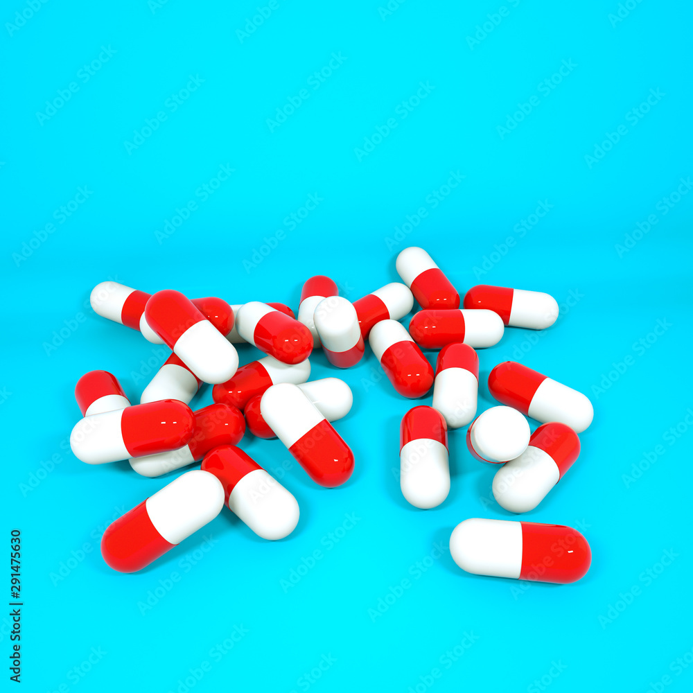 three-dimensional red-white tablets in the form of capsules on a turquoise background. 3d rendering illustration three-dimensional red-white tablets in the form of capsules on a turquoise background. 3d rendering illustration