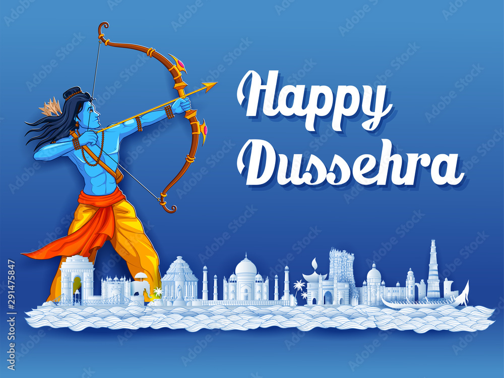 illustration of Lord Rama in Navratri festival of India poster for Happy Dussehra - obrazy, fototapety, plakaty 