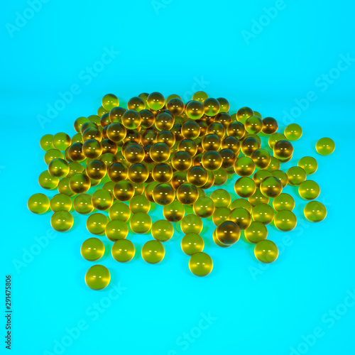 Wallpaper Mural three-dimensional yellow capsules with fish oil on a turquoise background. 3d rendering illustration Torontodigital.ca