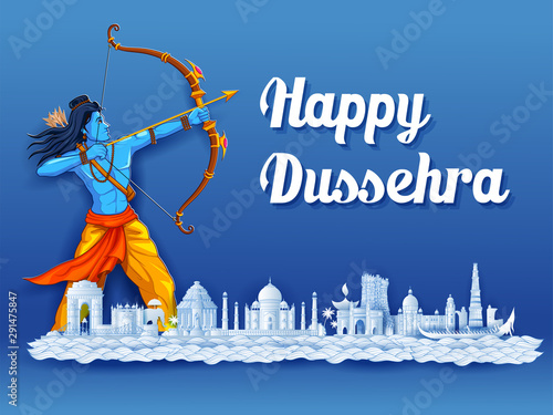 illustration of Lord Rama in Navratri festival of India poster for Happy Dussehra