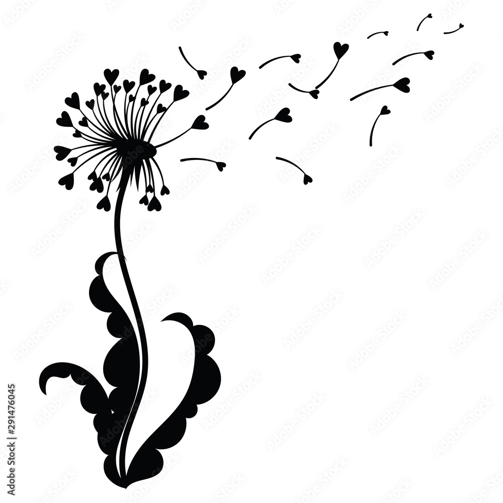 Dandelion with hearts. Black and white dandelion with flying seeds. Vector illustration of a summer flower. Silhouette dandelion. Tattoo. Stock Vector | Adobe Stock Dandelion with hearts. Black and white dandelion with flying seeds. Vector illustration of a summer flower. Silhouette dandelion. Tattoo. Stock Vector | Adobe Stock