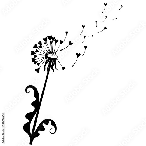Dandelion with hearts. Black and white dandelion with flying seeds. Vector illustration of a summer flower. Silhouette dandelion. Tattoo.