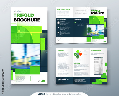 Green Tri Fold Brochure Design with Square Shapes. Corporate business template for tri fold flyer. Creative concept folded flyer or brochure.