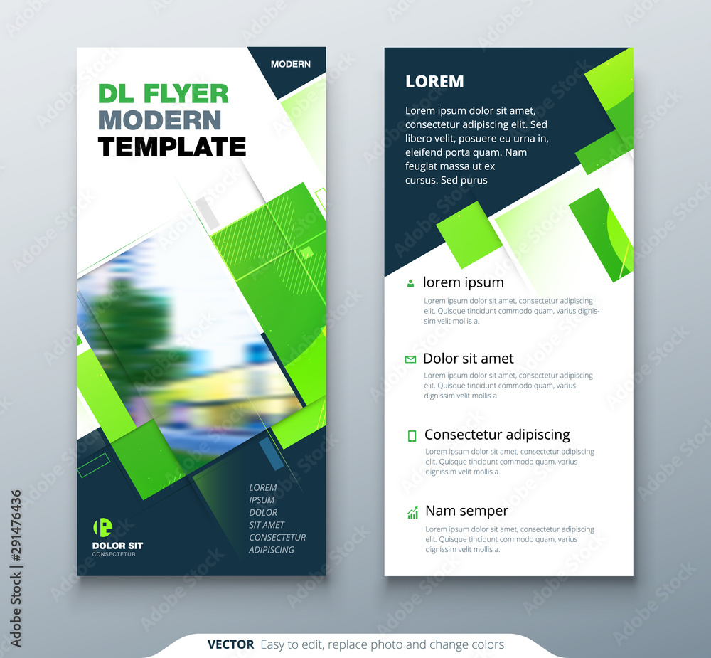 Dreen DL Flyer Design with Square Shapes. Corporate business template for dl flyer. Creative eco concept flyer or banner layout.