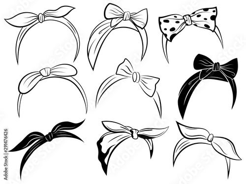 Set retro headband for woman. Collection of bandanas for hairstyles. Black and white windy hair dressing illustration.