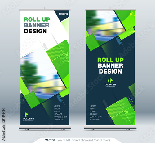 Green Business Roll Up Banner. Abstract Roll up background for Presentation. Vertical roll up, x-stand, exhibition display, Retractable banner stand or flag design layout for conference, forum.