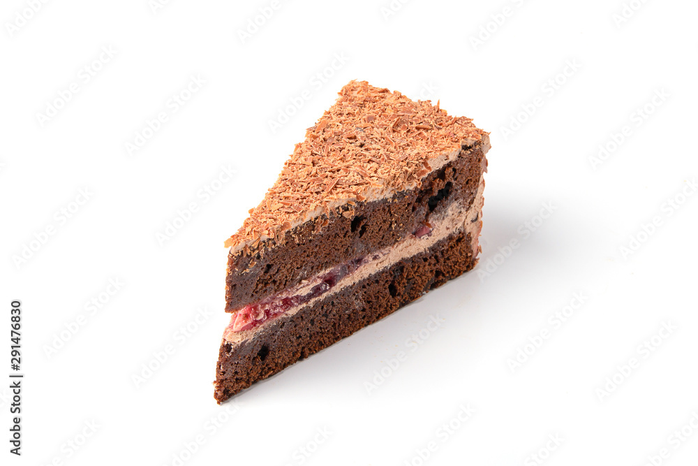 Piece of chocolate flakes cake isolated on white background Piece of chocolate flakes cake isolated on white background