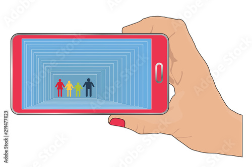 Female fingers hold the mobile phone with people in it. Vector illustration