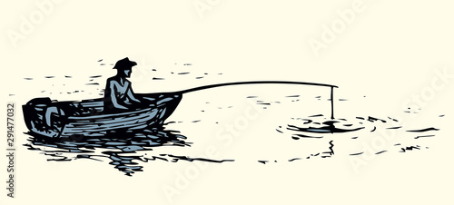 The man in the boat is fishing. Vector drawing