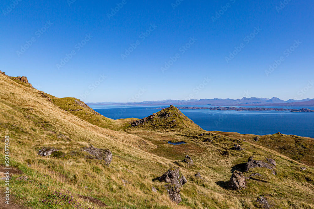 A view out over the ocean from a view point near the Old Man of Storr