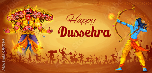 illustration of Lord Rama and Ravana in Dussehra Navratri festival of India poster