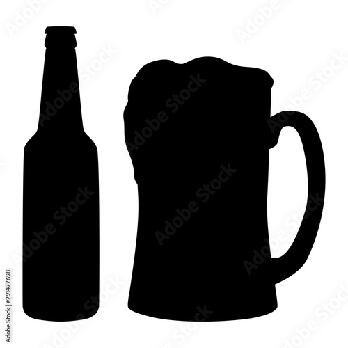 Beer. Bottle and full mug with foam. Abstract concept, icon. Vector illustration on white background.
