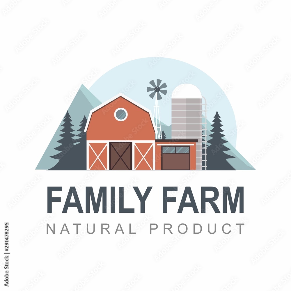 Family Farm label. Building with fir tree, mountains on white. 