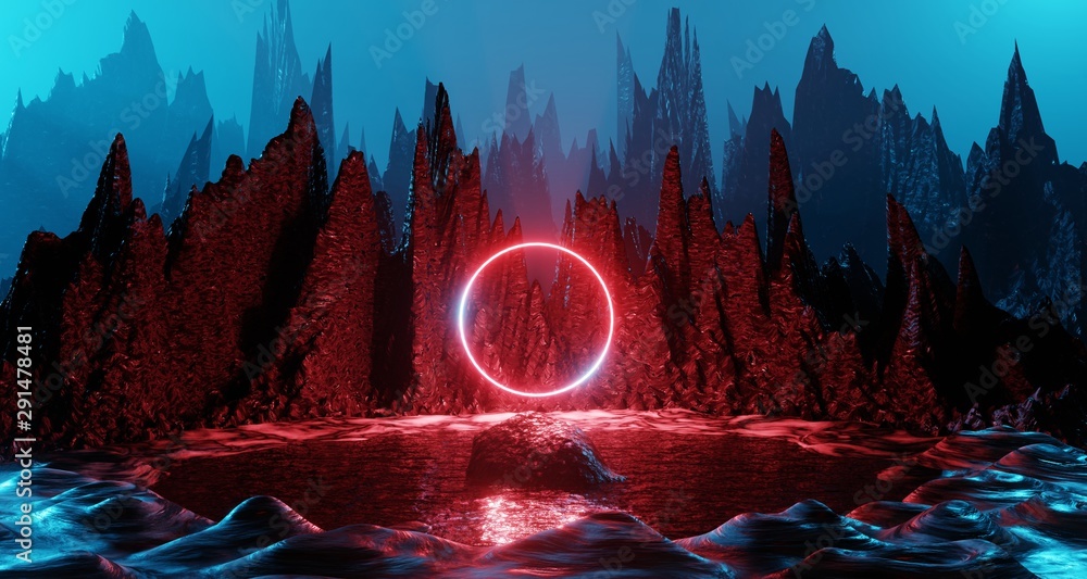 Sci fi alien planet landscape futuristic rock surreal lighting space travel  glow ring red neon light 3D rendering Stock Illustration | Adobe Stock