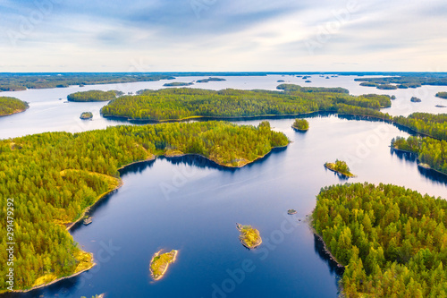 Canvas Print Aerial view of of small islands on a blue lake Saimaa