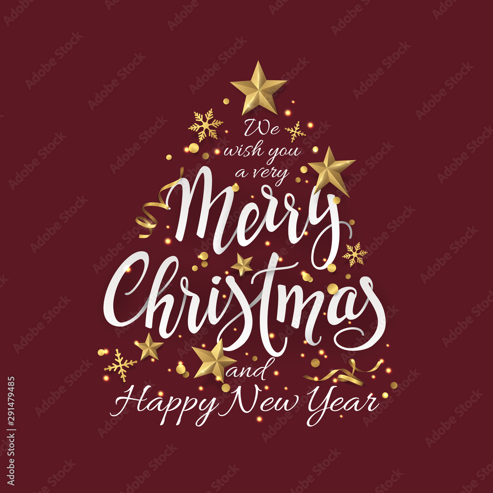 Fototapeta premium Vector greeting card with text Merry Christmas and 3D gold symbols of celebration (shining stars, confetti, snowflakes and ribbons) in shape of fir-tree. Festive decor isolated on dark red background.