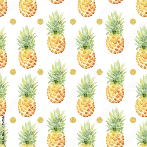 tropical watercolor pineapple seamless pattern with gold dots on white background 