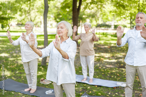 Senior people practicing qigong in the park