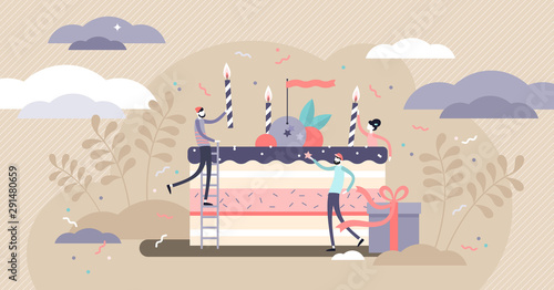 Birthday vector illustration. Tiny party event organizing persons concept.