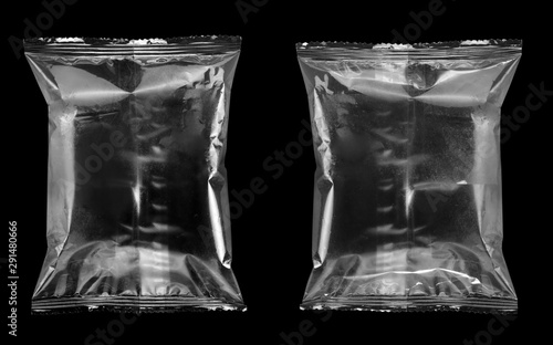 Template of food snack pillow bag on black background with clipping path