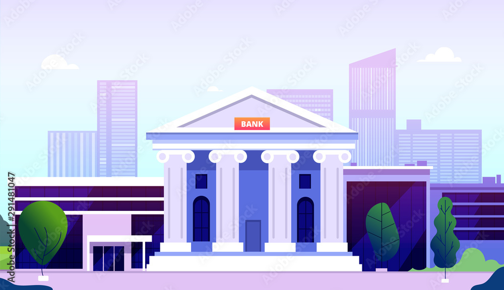 Bank building. Banking investment wealth growth symbols. Bank facade with columns on street government buildings financial vector. Illustration federal bank institution, public structure - obrazy, fototapety, plakaty 