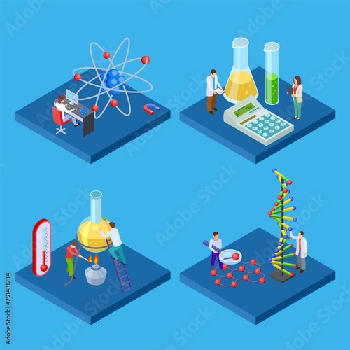 Science chemical lab. Isometric vector laboratory and scientists. Chemical isometric lab, laboratory science for research illustration