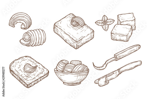 Sketch butter. Closeup cutting margarine block, fresh bread and knife. Vintage hand drawn culinary cooking vector set. Butter block breakfast, cooking culinary dairy illustration