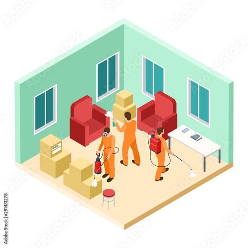 Isometric disinfection service. Vector pest control. Disinfectors work in living room. Isometric control cockroach and disinfection extermination illustration
