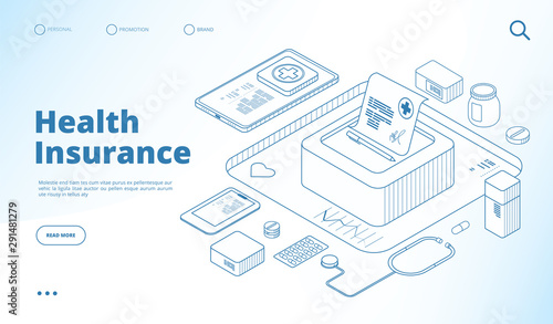 Health insurance landing. Healthcare personal plan, family medical life insurance. Save money doctor receipt isometric vector concept. Insurance health page landing, medical healthcare illustration