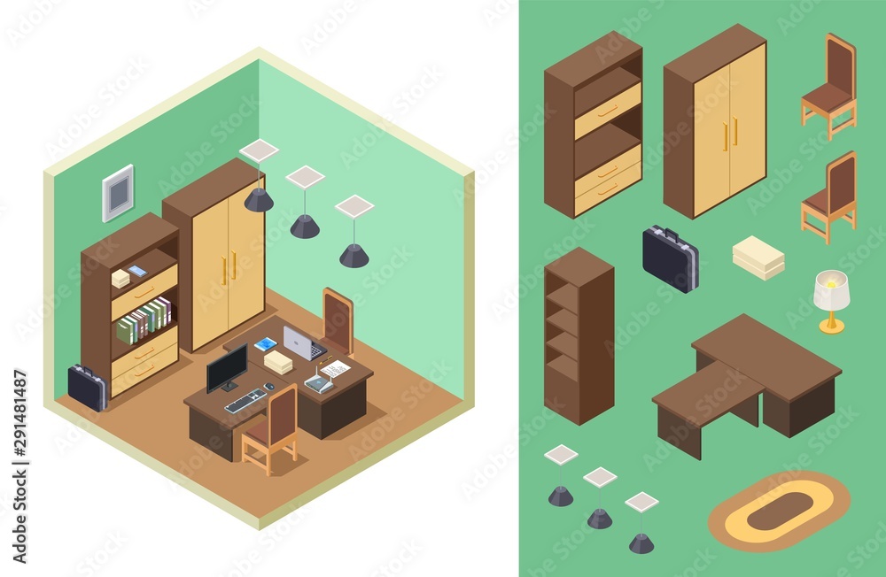 Home office isometric. Vector office room interior with desk, shelf, computer, laptop, chairs. Isometric furniture collection. Office furniture desk, chair, table illustration