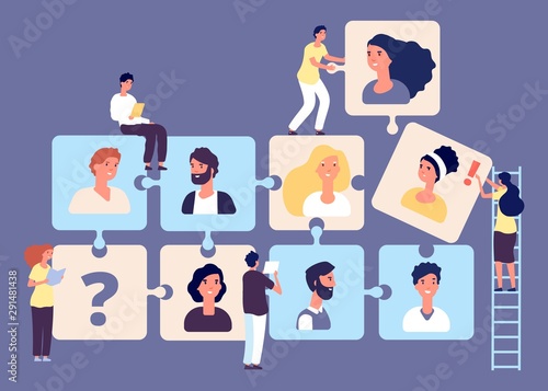 Personnel change concept. Recruiting, job search, human resource, employment agency vector illustration. Puzzle business team with tiny headhunters characters. Business employment team and headhunter photo